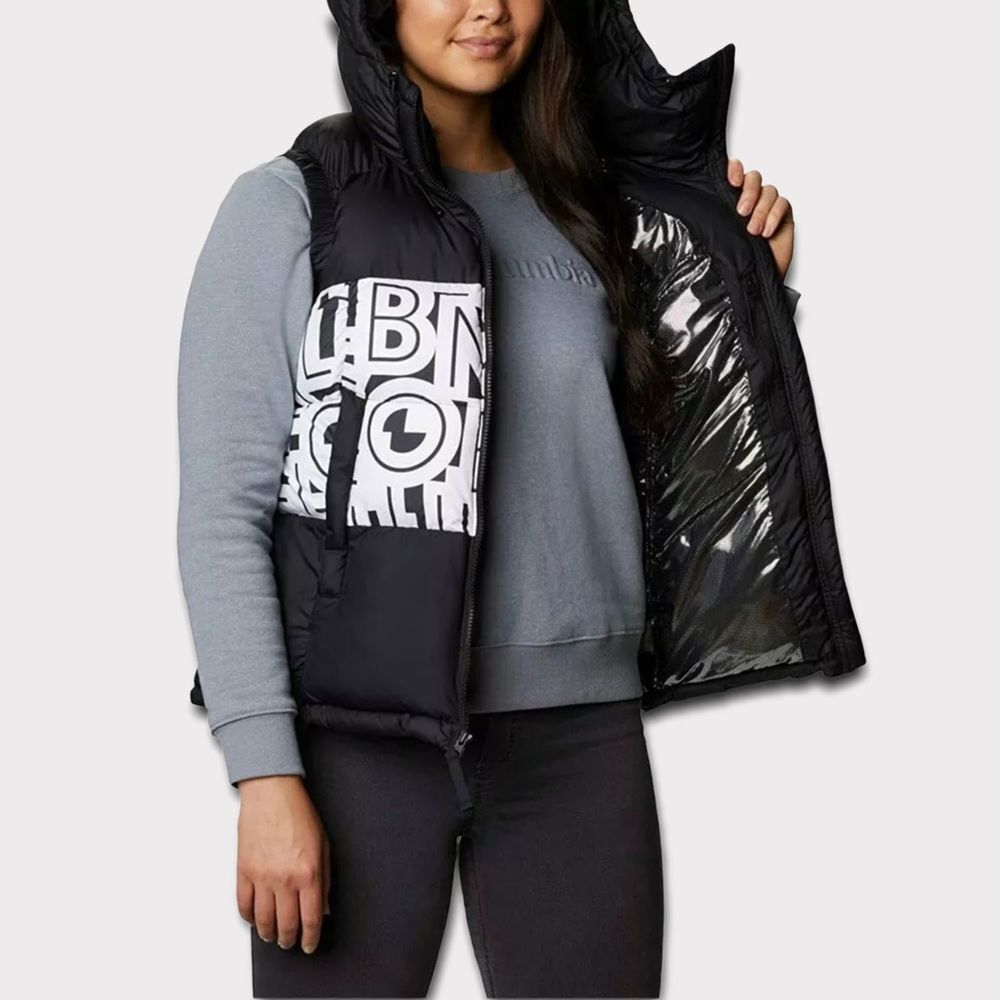 COLUMBIA Women’s Pike Lake II Thermal Hooded Vest Black White Omni-heat Sz M NWT